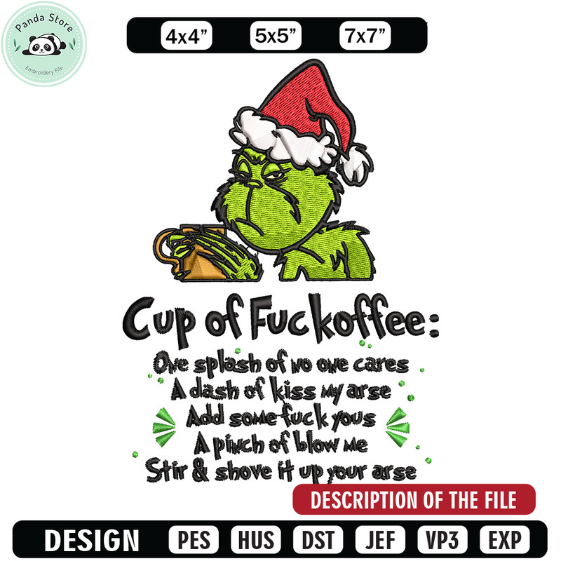 Cup of fuckoffee grinch Embroidery design, Grinch christmas Embroidery, Embroidery File, Grinch design, Instant download.jpg
