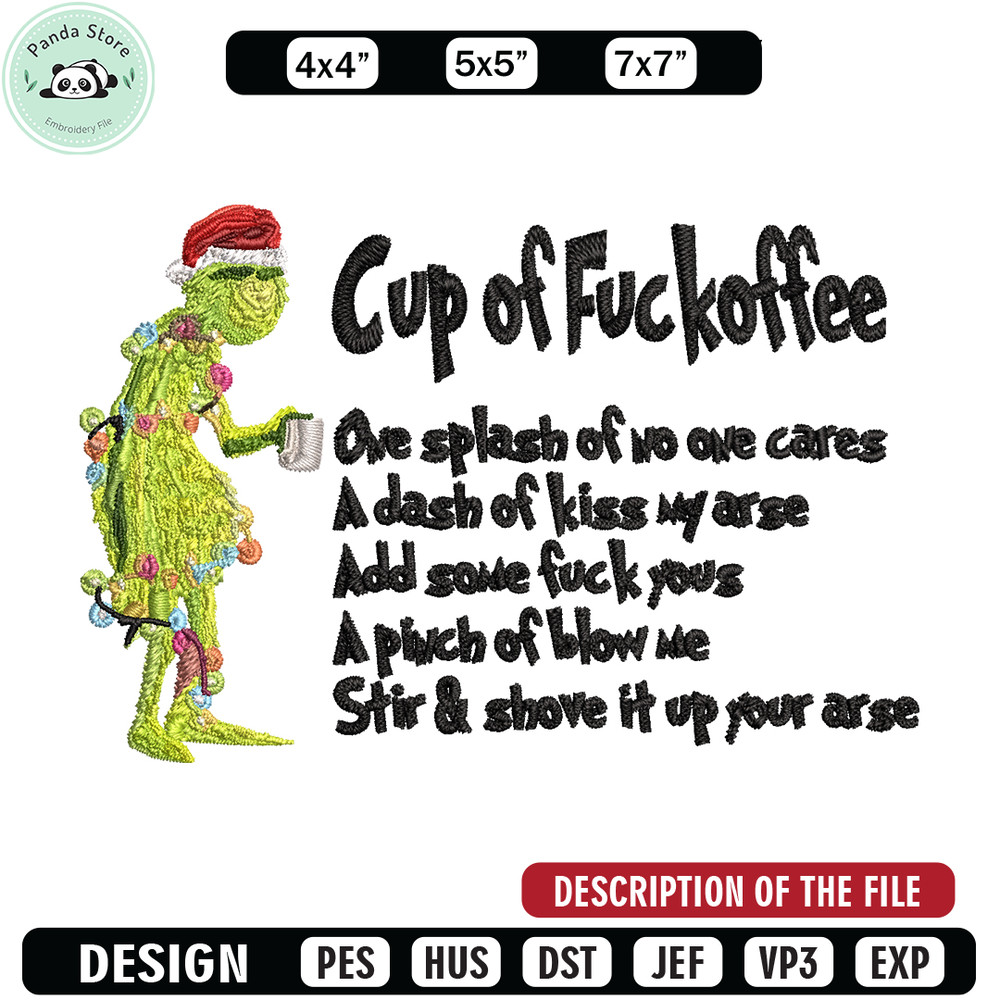 Cup of fuckoffee grinch Embroidery design, Grinch Embroidery, Grinch design, Embroidery File, Instant download.jpg