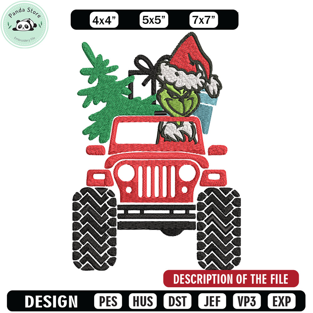 Grinch Jeep Christmas Embroidery design, Grinch Christmas Embroidery, logo design, Embroidery File, Digital download.jpg