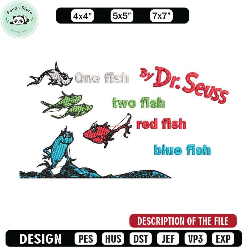 One fish two fish, blue fish red fish Embroidery Design, Dr seuss Embroidery, Embroidery File, Digital download.jpg