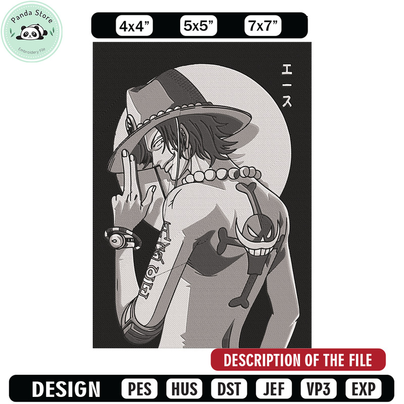 Portgas D Ace Embroidery Design, One piece Embroidery, Embroidery File, Anime Embroidery, Anime shirt, Digital download 1.jpg