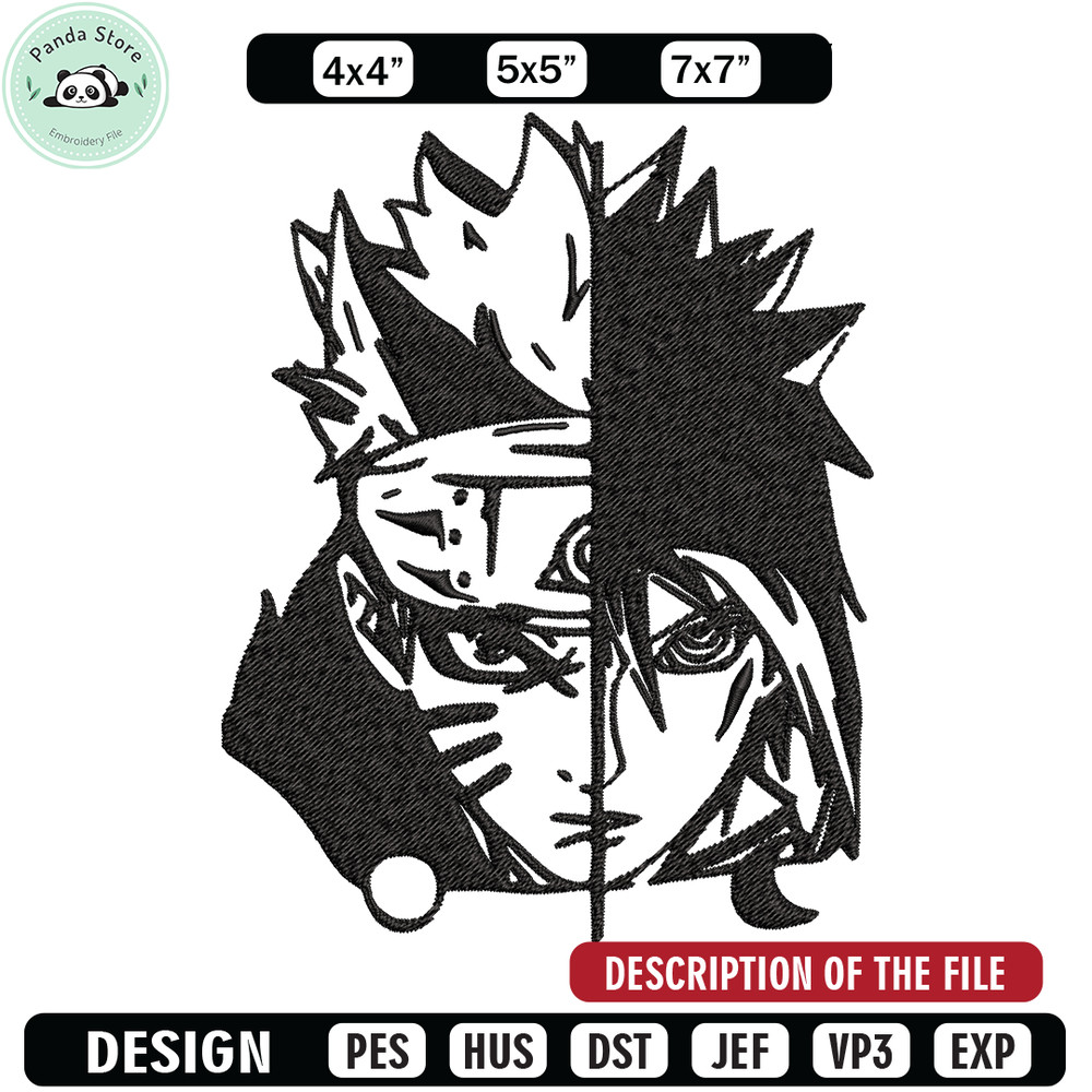 Sasuke and Naruto black and white Embroidery design, Naruto Embroidery, anime design, Embroidery File, Instant download.jpg