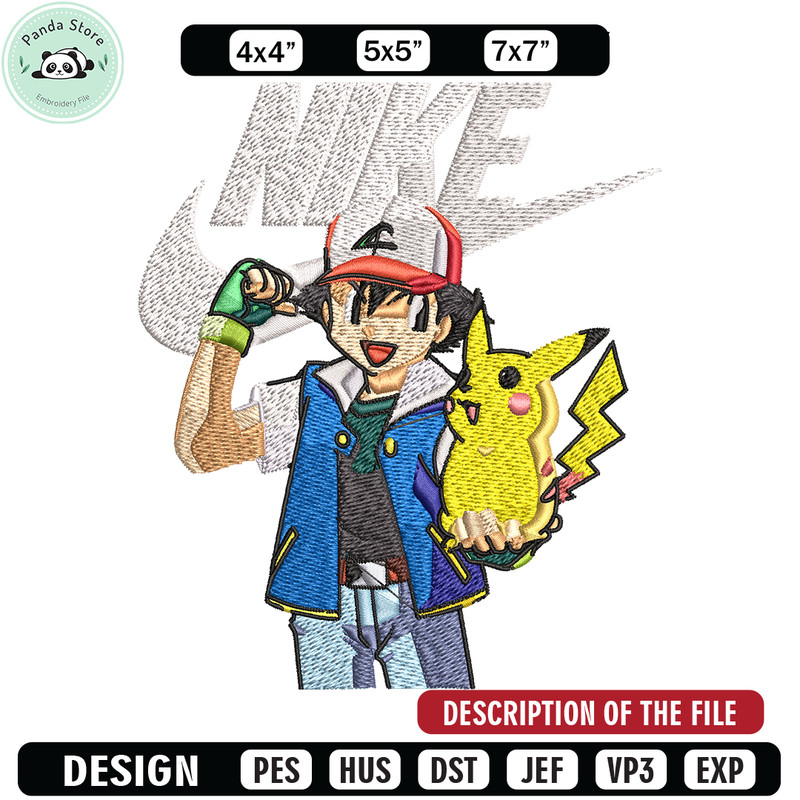Satoshi and pikachu Nike Embroidery design, Pokemon Nike Embroidery, Nike design, Embroidery file, Instant download.jpg