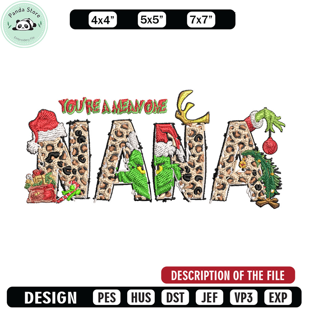 You're One Mean Nana Grinch Christmas Embroidery design, Grinch Christmas Embroidery, Grinch design, Digital download.jpg