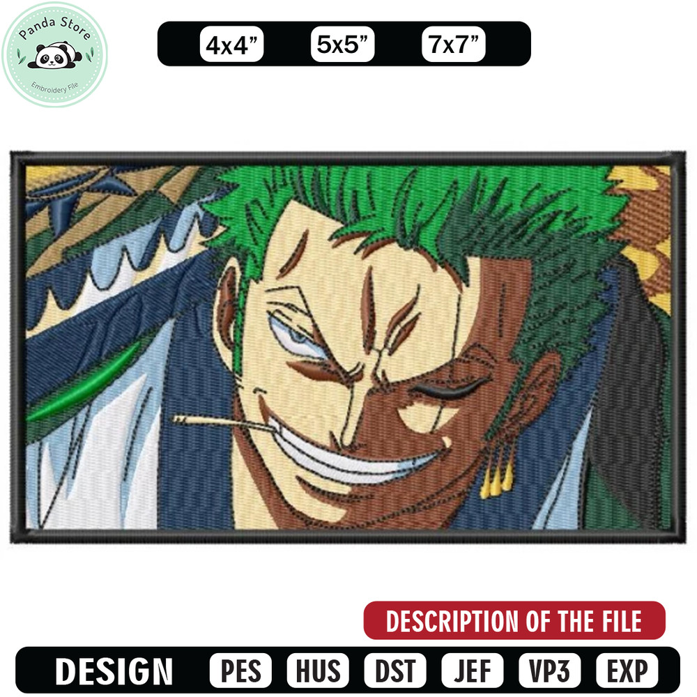 Zoro rectangle embroidery design, Anime design, Embroidered shirt, Anime shirt, Anime Embroidery, digital download.jpg