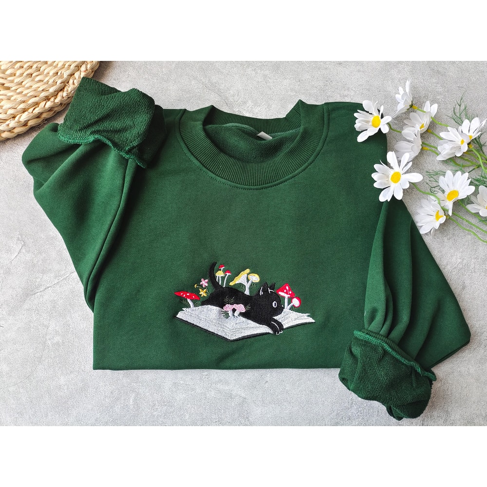 Cute Black Cat And Books Embroidered Sweatshirt,Embroidered Mushroom Crewneck,Mushroom decor, Gift for Cat Lover,Sweatshirts for women &Men.jpg