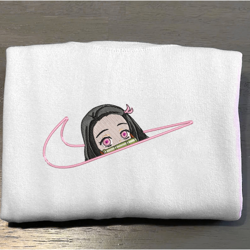 Nezuko Nike Embroidered Crewneck, Demon Slayer Embroidered Sweatshirt, Inspired Embroidered Manga Anime Hoodie 1.jpg