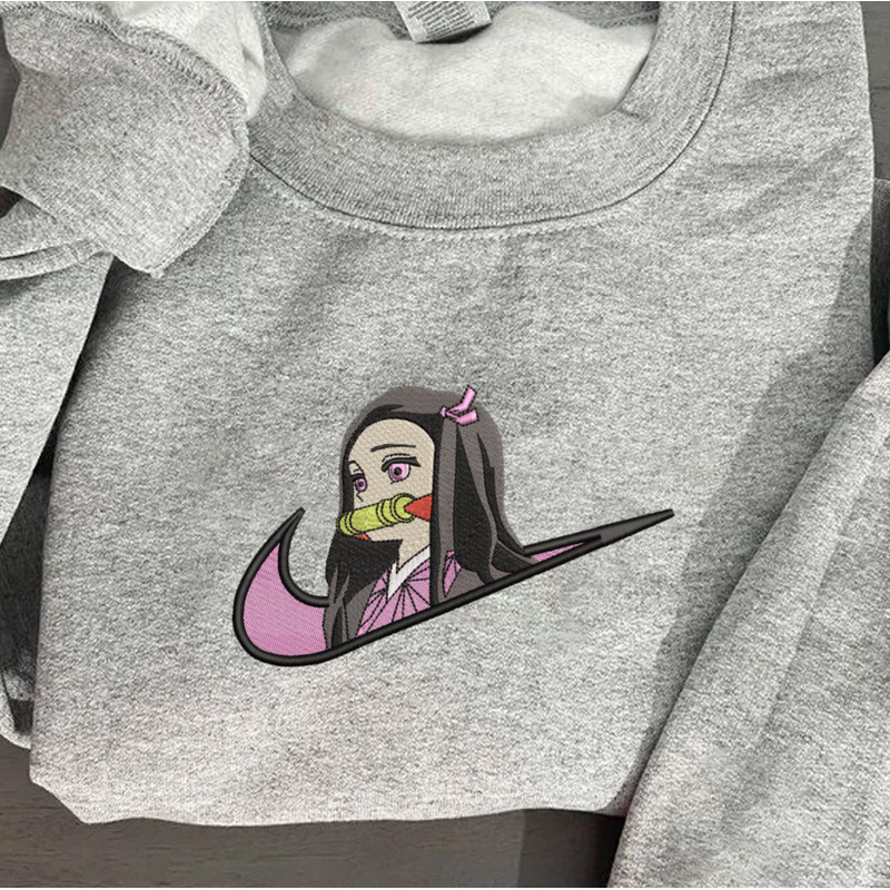 Nezuko Nike Embroidered Crewneck, Demon Slayer Embroidered Sweatshirt, Inspired Embroidered Manga Anime Hoodie.jpg