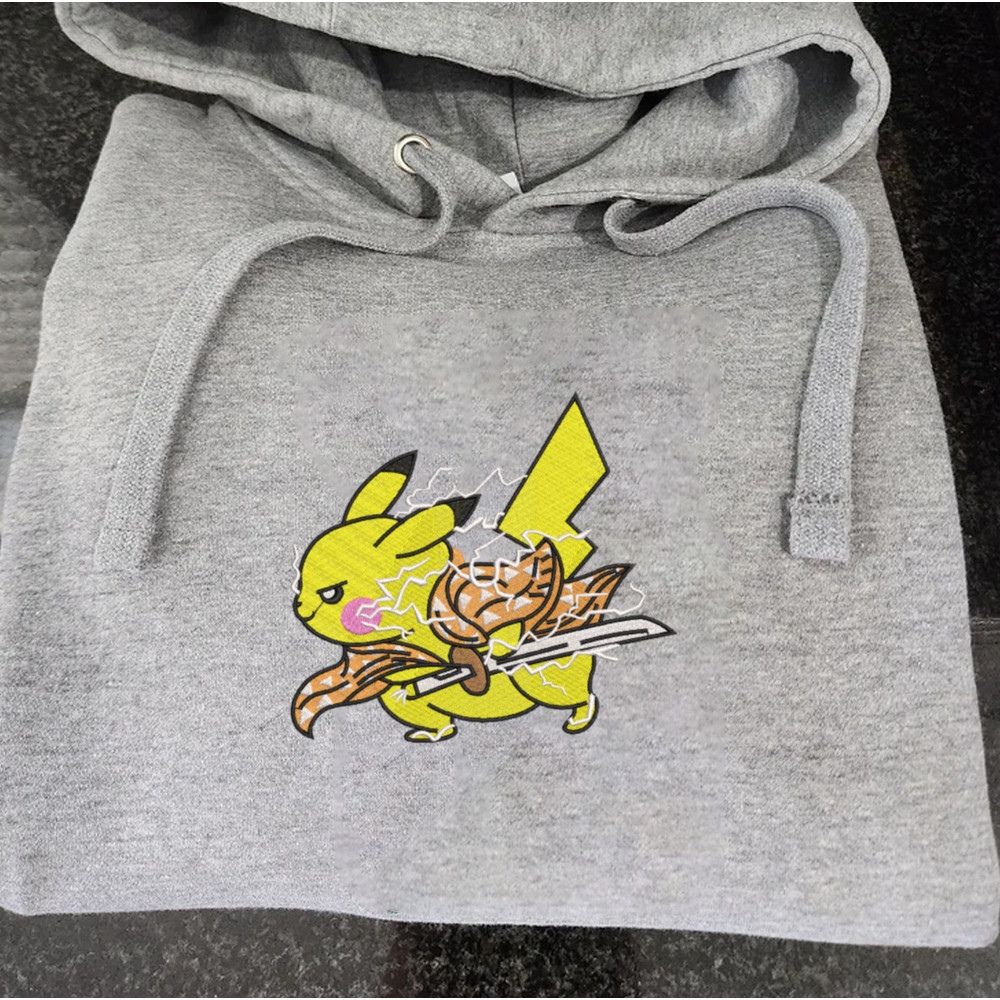 Pikachu Cosplay Zenitsu Embroidered Crewneck, Demon Slayer x Pokemon Embroidered Sweatshirt, Unisex Tshirt.jpg