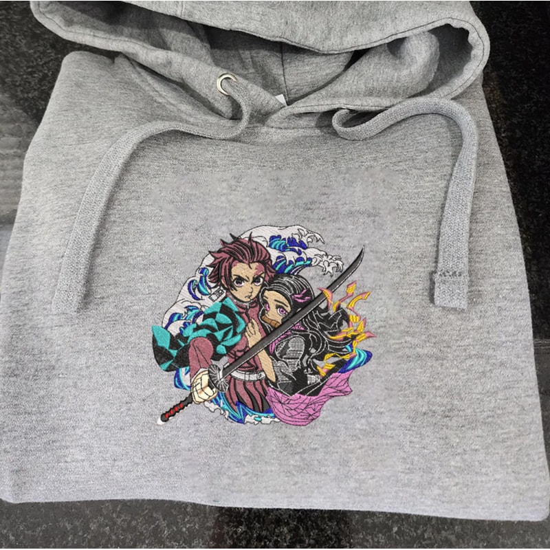 Tanjiro And Nezuko Embroidered Crewneck, Demon Slayer Embroidered Sweatshirt, Inspired Embroidered Manga Anime Hoodie.jpg