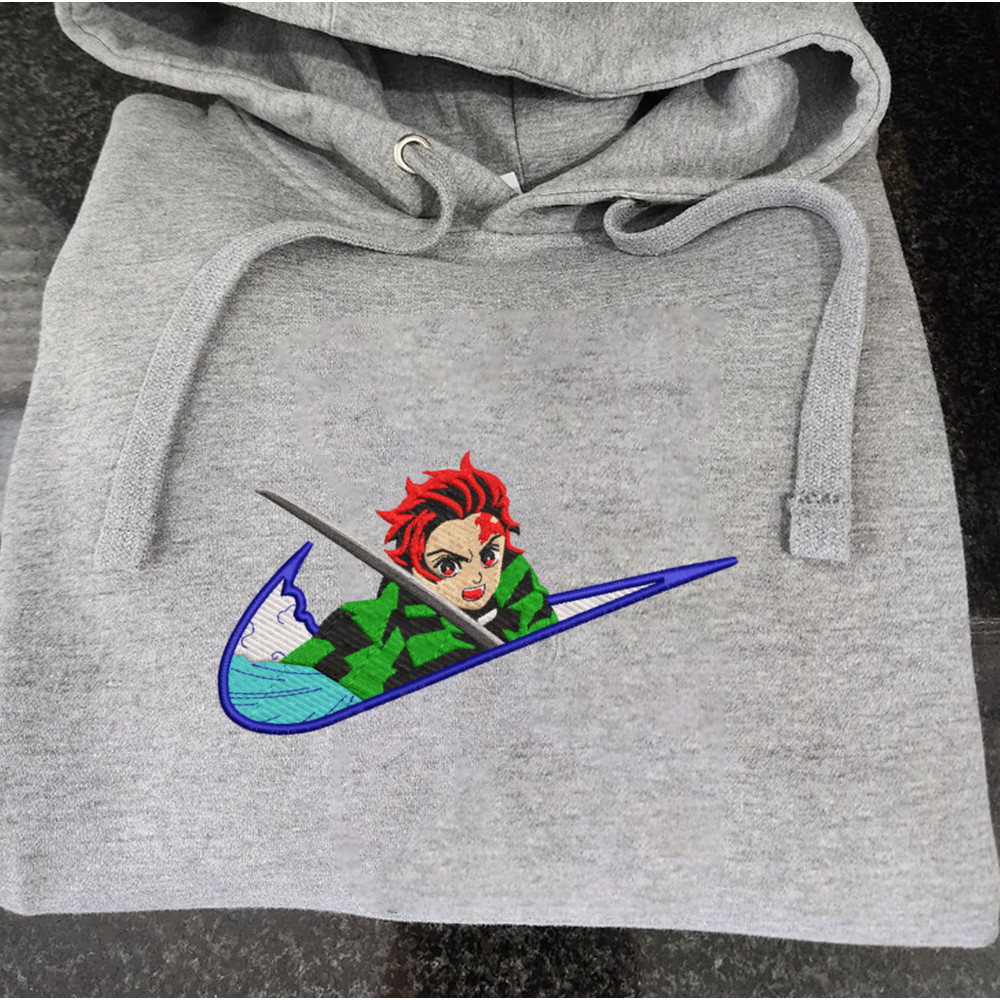 Tanjiro Nike Embroidered Crewneck, Demon Slayer Embroidered Sweatshirt, Inspired Embroidered Manga Anime Hoodie.jpg