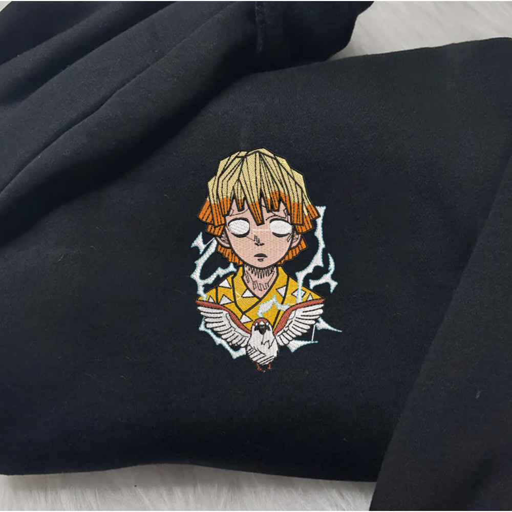 Zenitsu Embroidered Crewneck, Demon Slayer Embroidered Sweatshirt, Inspired Embroidered Manga Anime Hoodie.jpg