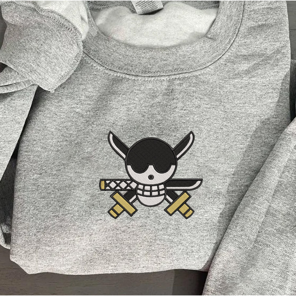 Zoro Embroidered Crewneck, One Piece Embroidered Sweatshirt, Inspired Embroidered Manga Anime Hoodie 1.jpg