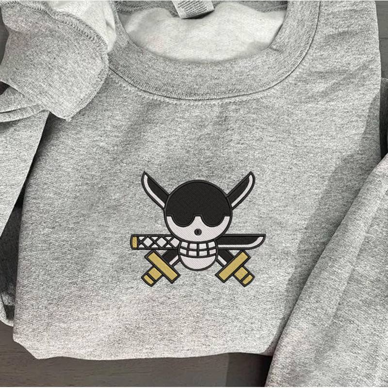 Zoro Embroidered Crewneck, One Piece Embroidered Sweatshirt, Inspired Embroidered Manga Anime Hoodie 1.jpg