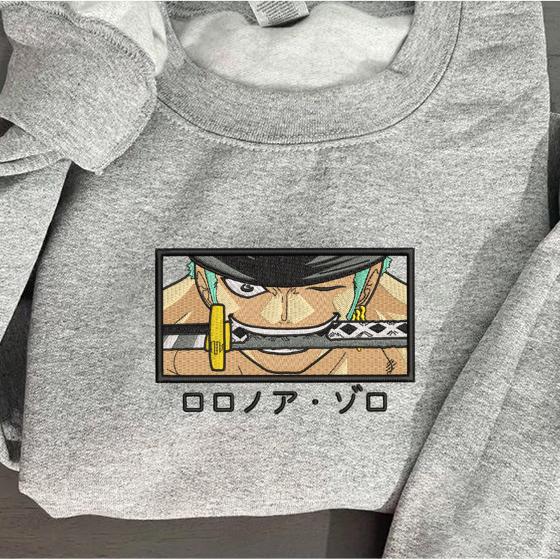 Zoro Embroidered Crewneck, One Piece Embroidered Sweatshirt, Inspired Embroidered Manga Anime Hoodie.jpg