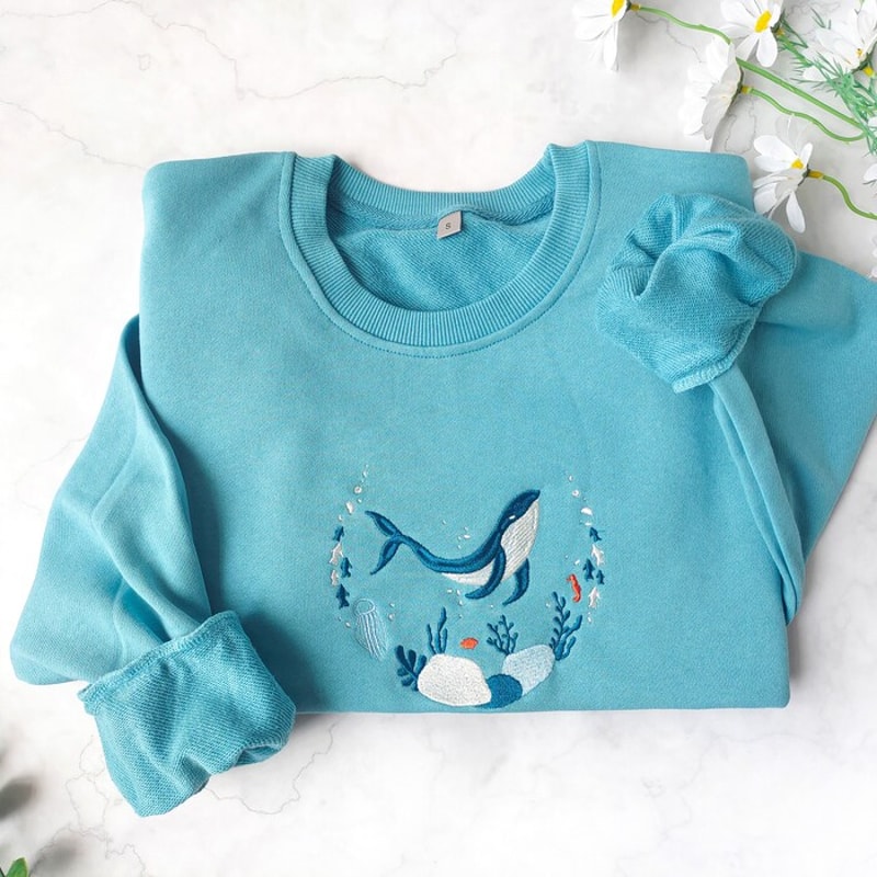 Blue Ocean Whale Embroidered Sweatshirt,Whale Embroidery Crewneck,Nature Lover Gift.jpg