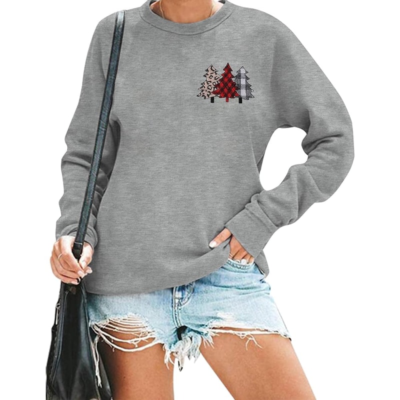 Christmas Sweatshirts For Womens Embroidered Christmas Trees Pullover Leopard Print Plaid Graphic Causal Tops Grey.jpg