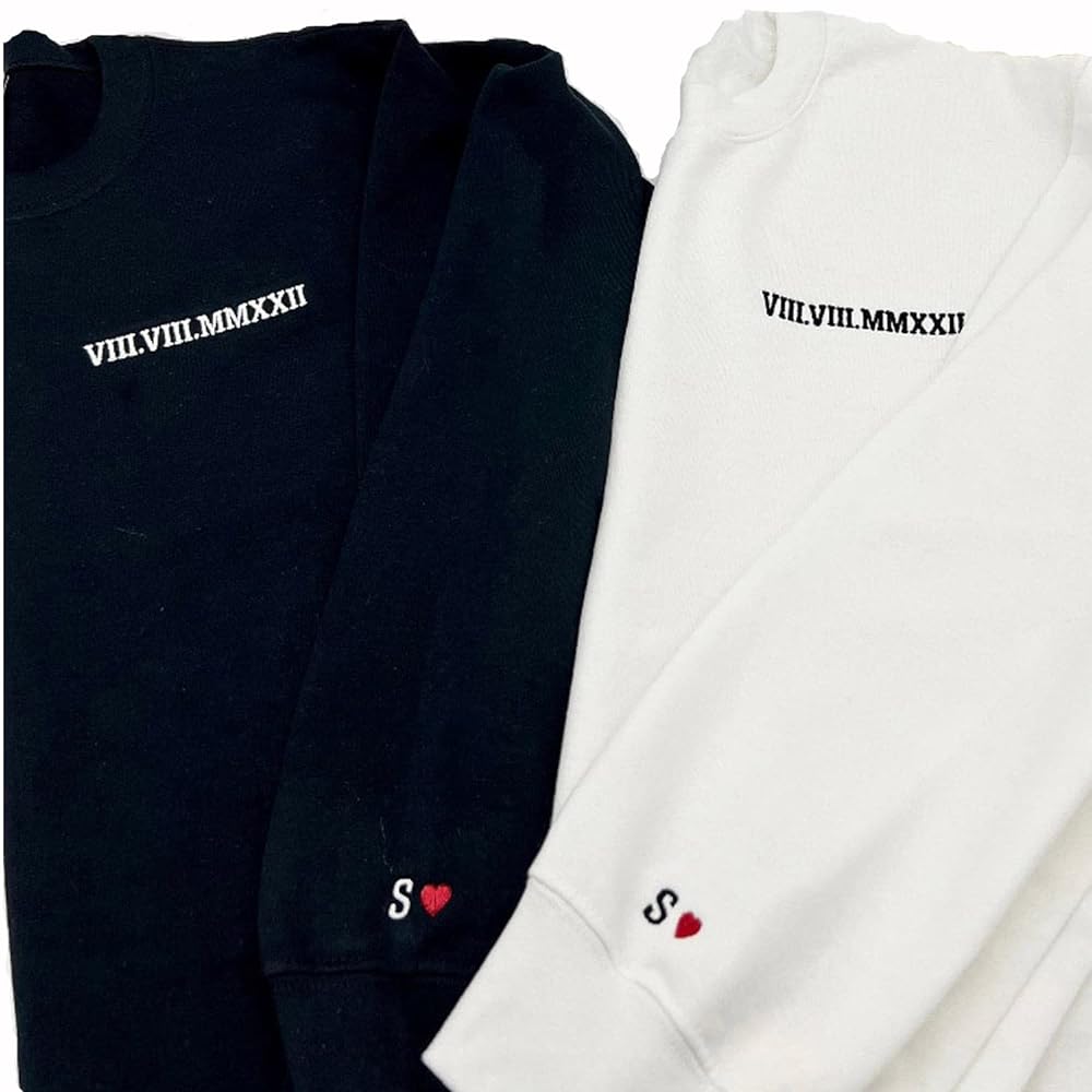 Custom Embroidered Roman Numeral Date Tee Or Crew SweatshirtCouples Special Day DateInitials On SleeveWedding Day Anniversary Birthday Lovers Gift.jpg