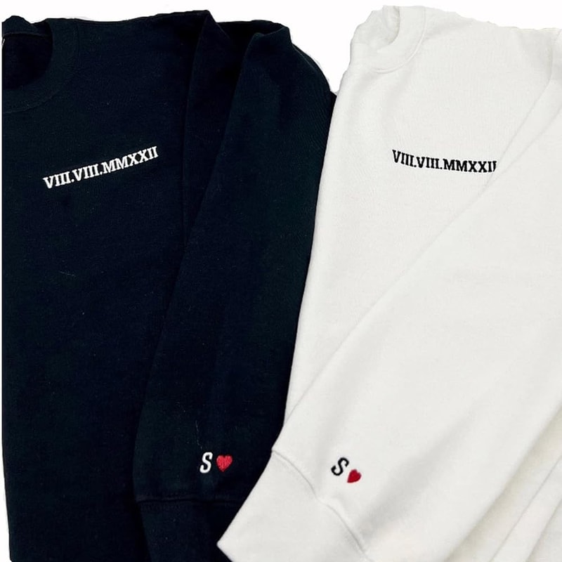 Custom Embroidered Roman Numeral Date Tee Or Crew SweatshirtCouples Special Day DateInitials On SleeveWedding Day Anniversary Birthday Lovers Gift.jpg