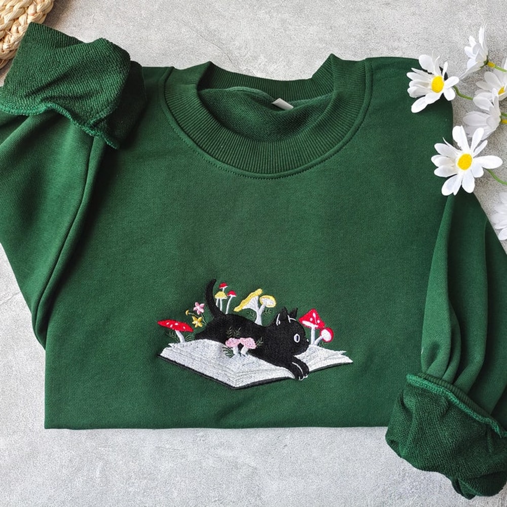 Cute Black Cat And Books Embroidered Sweatshirt,Embroidered Mushroom Crewneck,Mushroom Decor, Gift For Cat Lover,Sweatshirts For Women.jpg