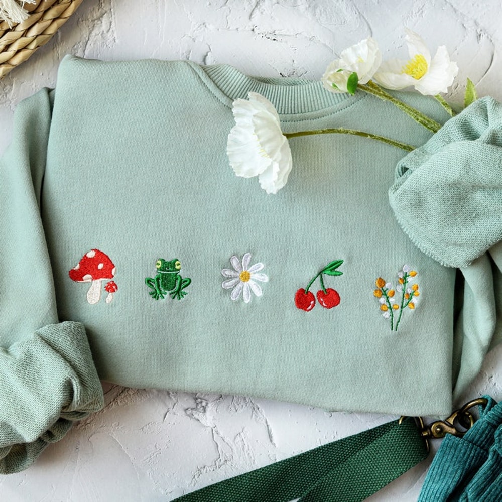 Cute Daisy Mushroom Embroidered Sweatshirt,Embroidered Mushroom,Frog,Leaves,Crewneck Sweatshirt Embroidered,Vintage Sweatshirt.jpg