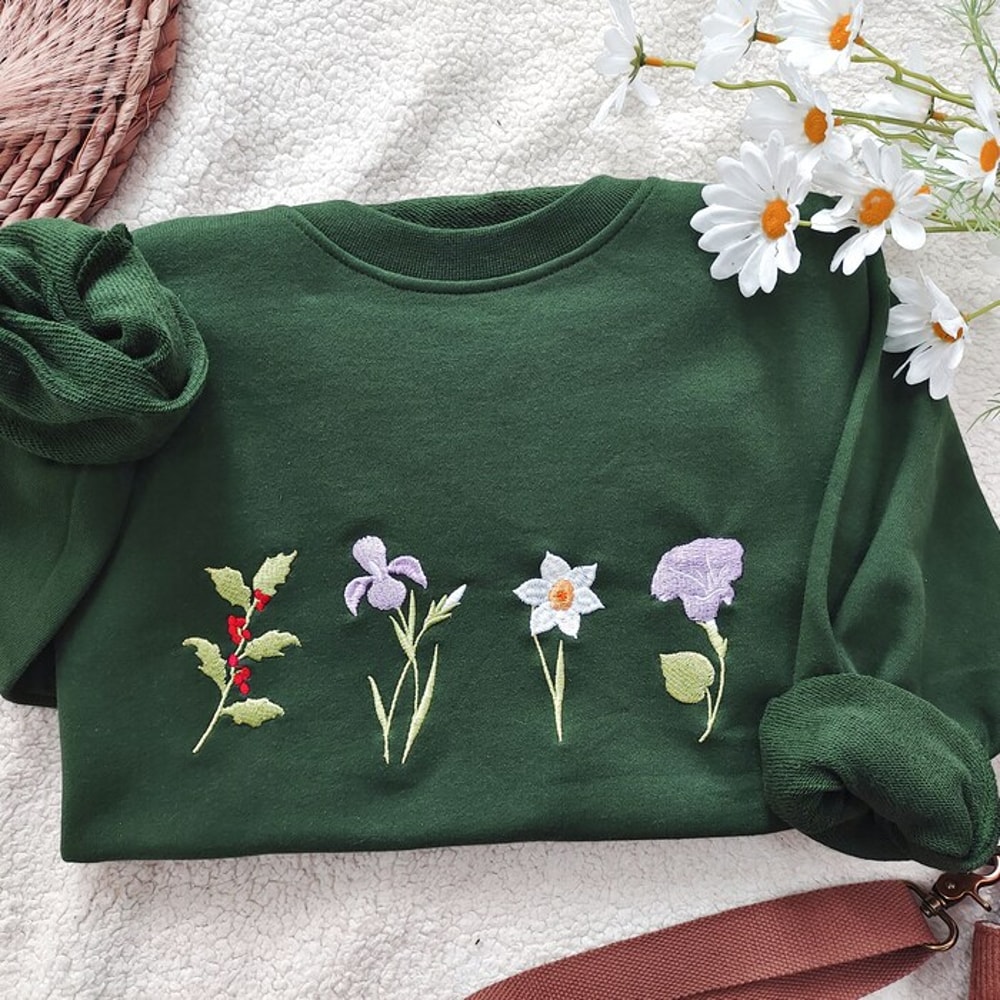 Dark Green Holly,Iris,Lilies And Petunias Crewneck Embroidered Aesthetic Sweatshir T,Gifts For Her.jpg