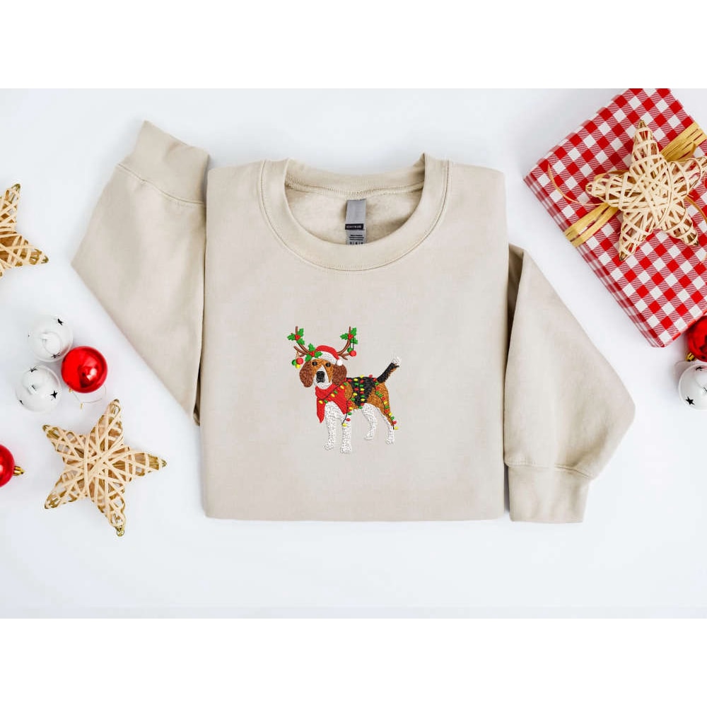 Embroidered Christmas Dog Sweatshirt, Beagle Dog Christmas Sweatshirt For Family.jpg