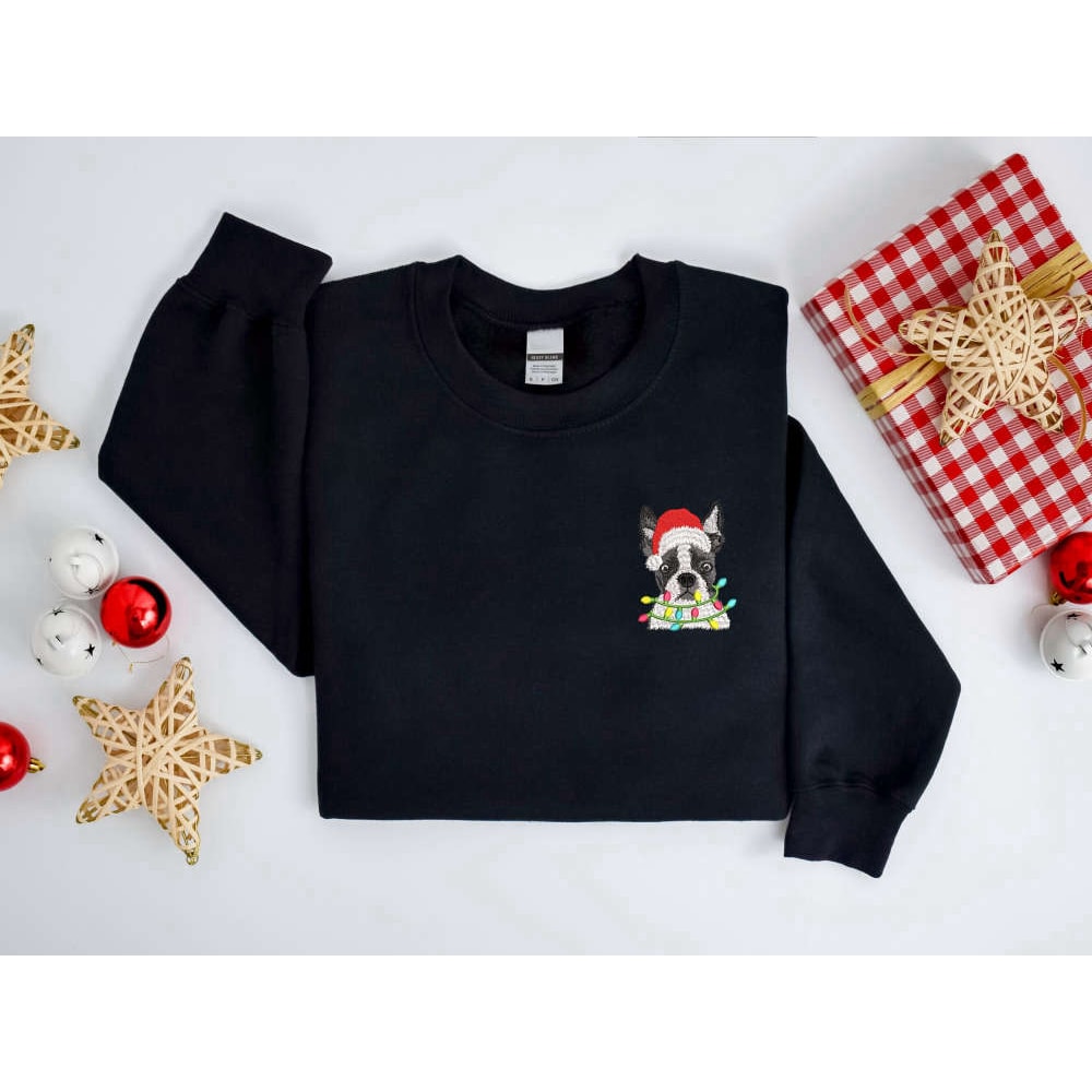 Embroidered Christmas Dog Sweatshirt, Boston Terrier Dog Christmas Sweater For Family.jpg