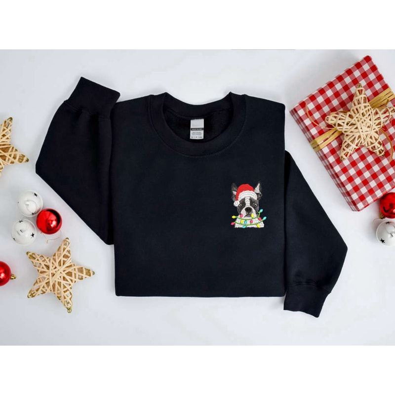 Embroidered Christmas Dog Sweatshirt, Boston Terrier Dog Christmas Sweater For Family.jpg