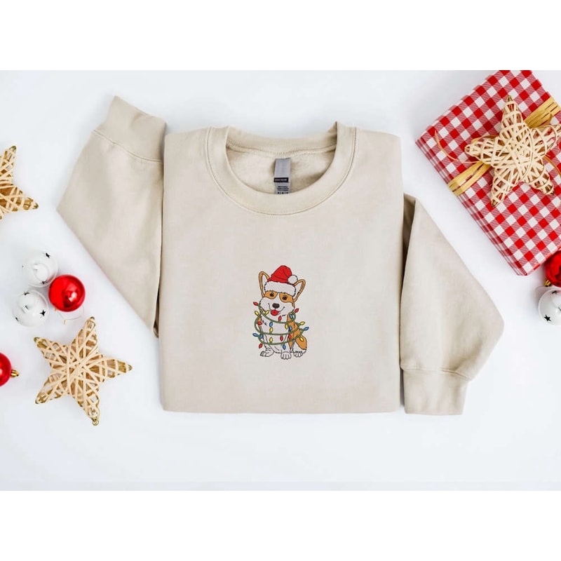 Embroidered Christmas Dog Sweatshirt, Corgi Christmas Sweatshirt For Christmas.jpg
