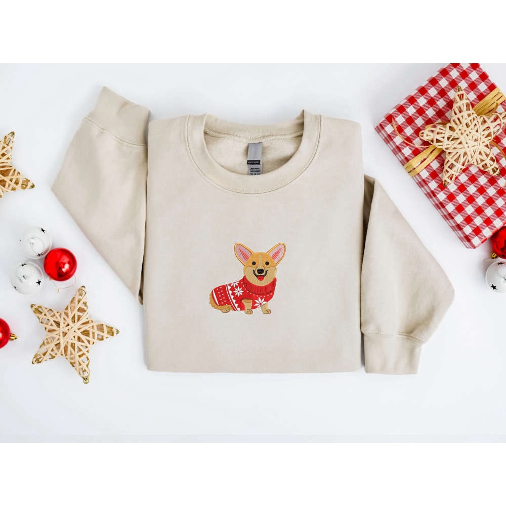 Embroidered Christmas Dog Sweatshirt, Corgi Dog Christmas Sweatshirt For Family.jpg