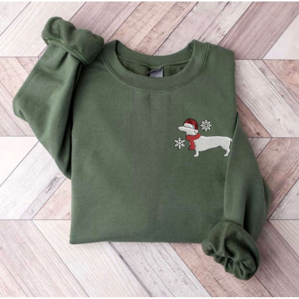 Embroidered Dachshund Christmas Sweatshirt, Dog Christmas Sweater, Dachshund Gift.jpg