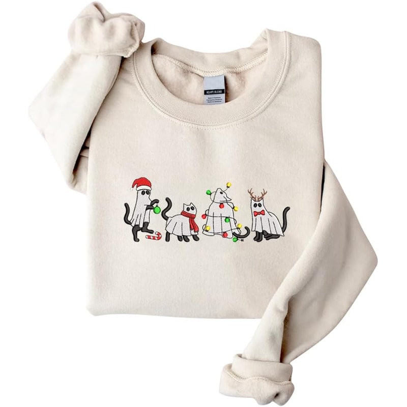 Embroidered Ghost Cat Halloween Sweatshirt, Ghost Halloween Shirt, Halloween Ghost Cat Spooky Season, Halloween Cat.jpg