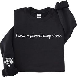 embroidered i wear my heart on my sleeve sweatshirt with kids names on sleeve, custom embroidery mom sweatshirt