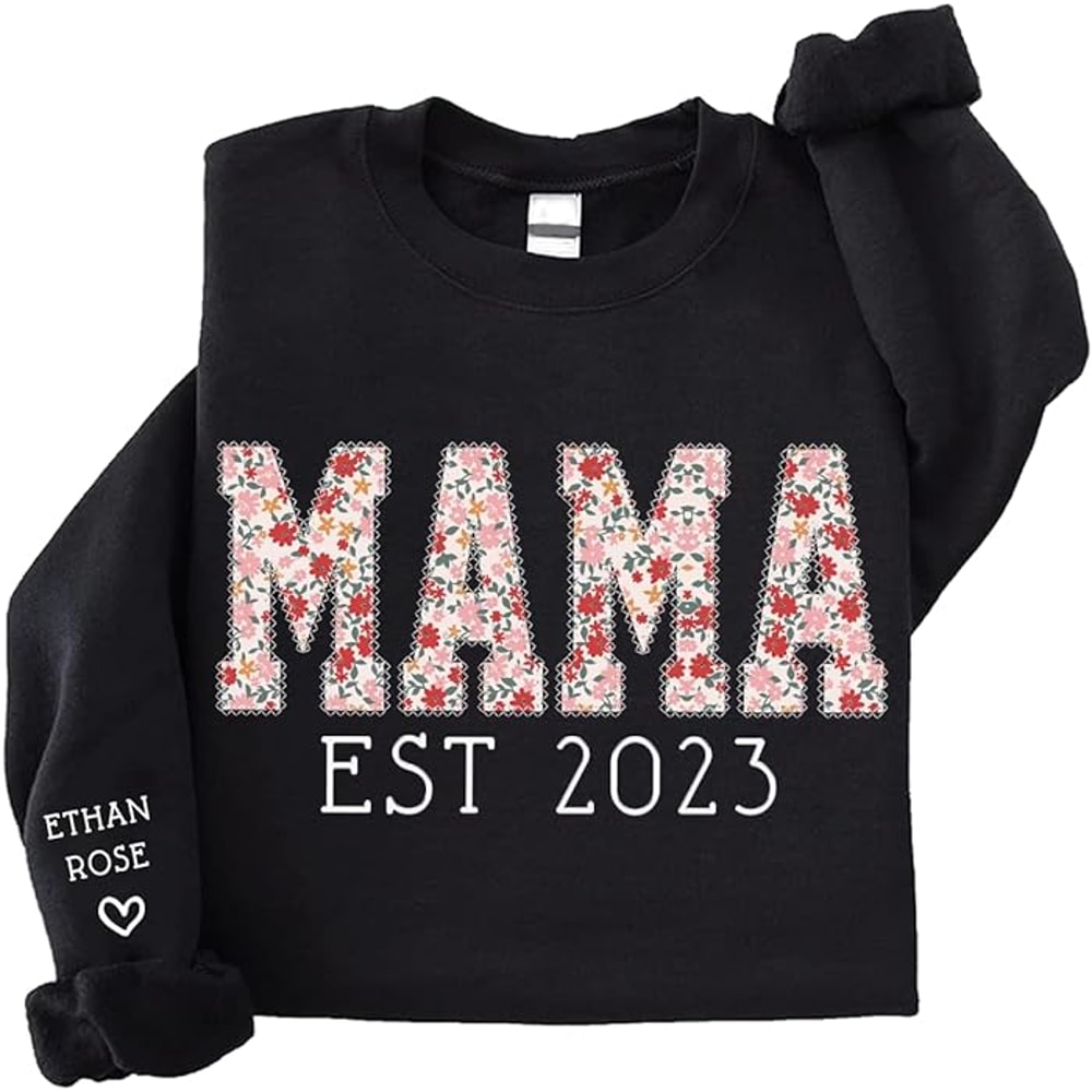 Mama Sweatshirt Embroidered Heart On Kids Name, Mama EST Sweatshirt With Custom Pattern, Personalized Sleeve Embroidered Sweatshirt.jpg