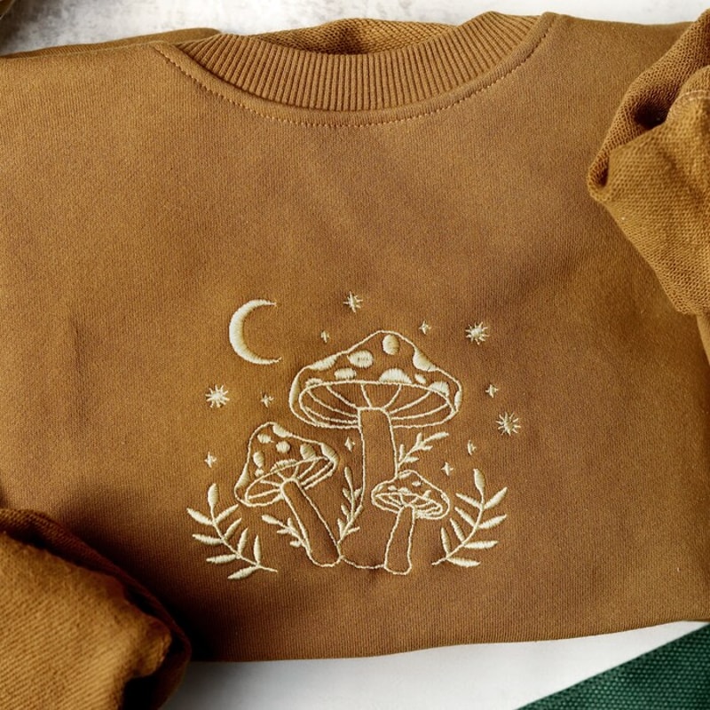 Mushroom Embroidered Crewneck Sweatshirt,Brown Sweatshirt,Retro Sweatshirt,Mushroom Lovers Gift.jpg