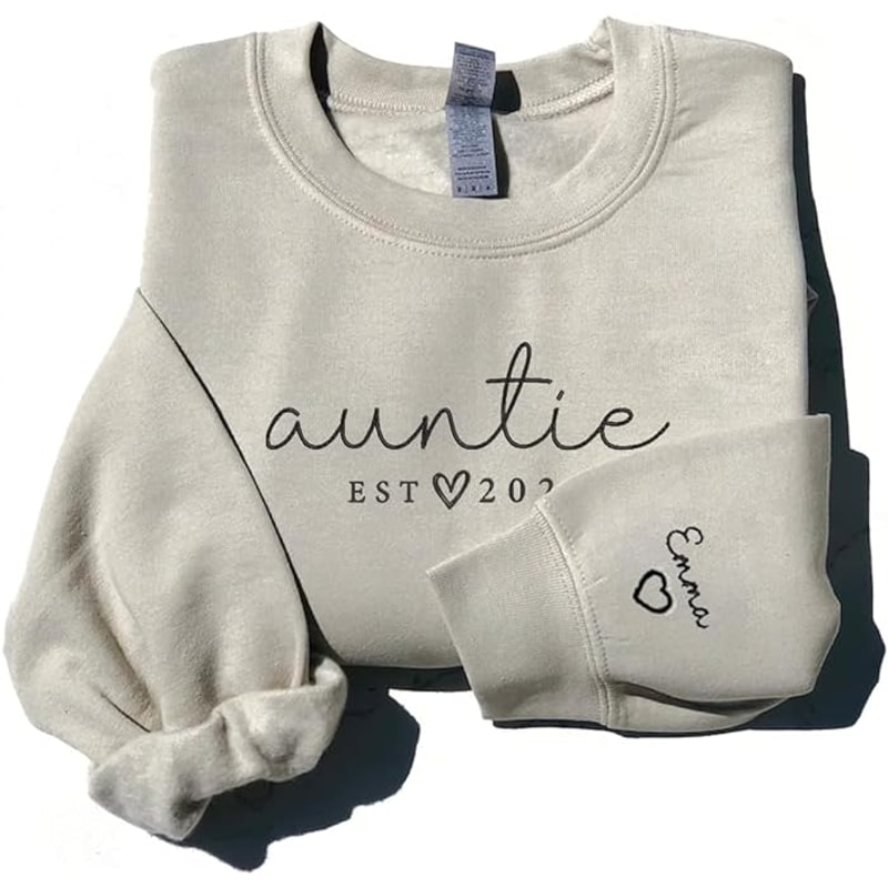 Personalized Embroidered Auntie Sweatshirt With Kids Names Sleeve, Custom Aunt Sweater, Est Date Auntie Sweatshirt.jpg