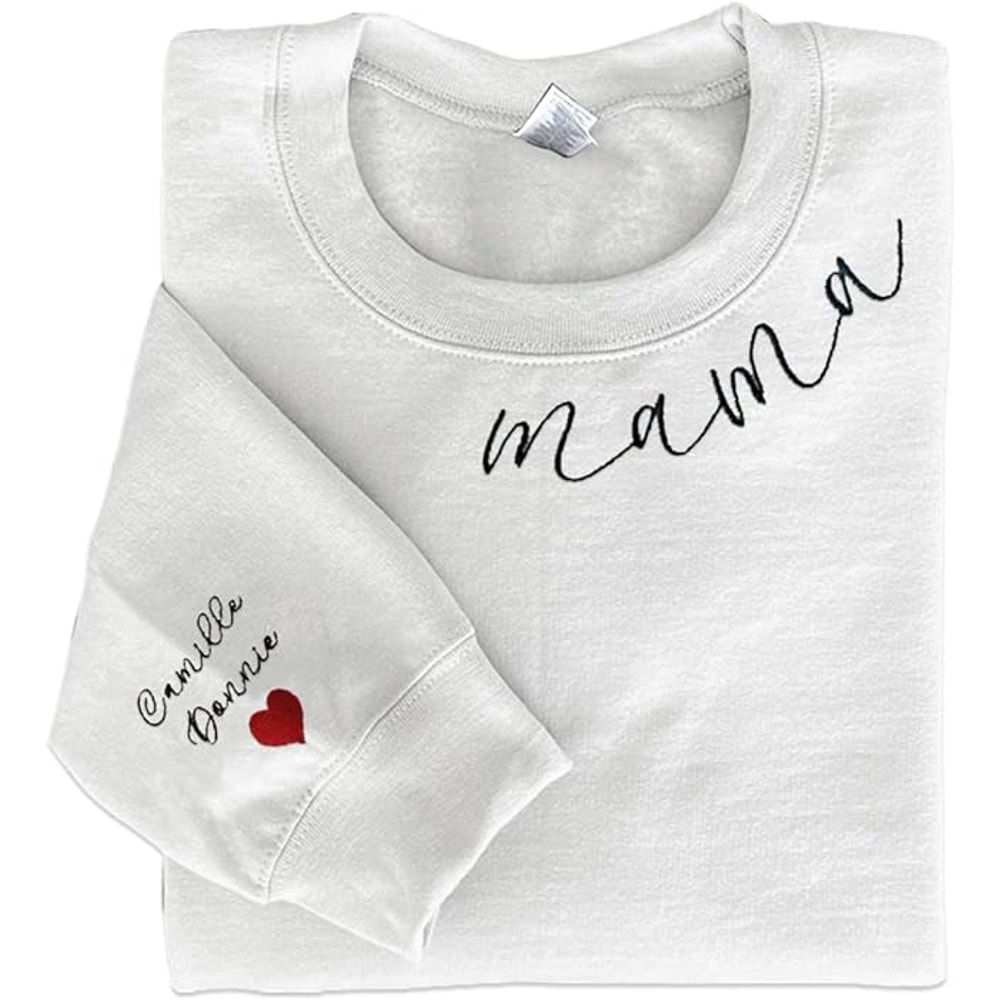Personalized Mama Embroidered Sweatshirt, Mama On Neck With Kidnames On Sleeve Shirt Embroidered, Mama Sweatshirt, Mama Gifts, Gift For Mother.jpg