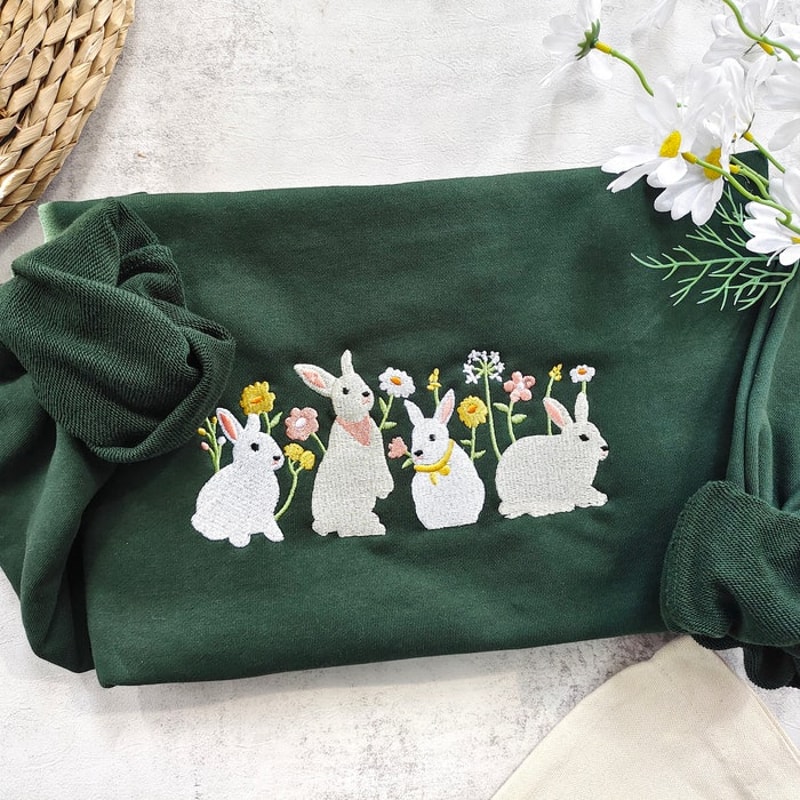 Rabbit And Flower Embroisered Sweatshirt,Crewneck Sweatshirt,Cute Rabbit Sweatshirt,Gift For Her,Gifts For Friends,Easter Gifts.jpg