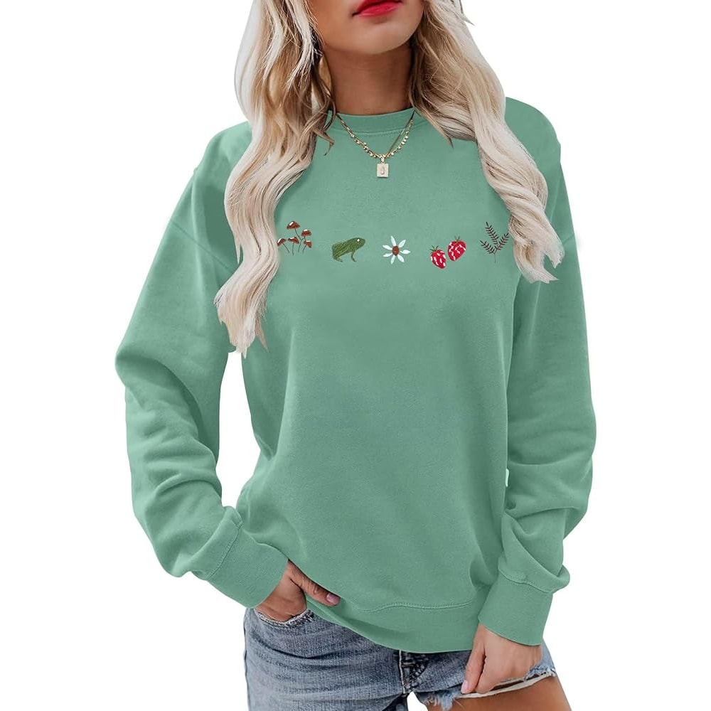 Womens Cottagecore Sweatshirt Embroidered Mushrooms Frog Pullover Shirt Vintage Aesthetic Botanical Long Sleeve Top.jpg