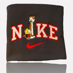 calvin and hobbes nike logo embroidered shirt, cartoon embroidery t-shirt