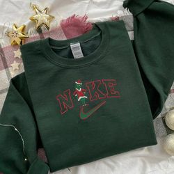 Funny Grinch Standing Nike Logo Red Embroidered Sweatshirt