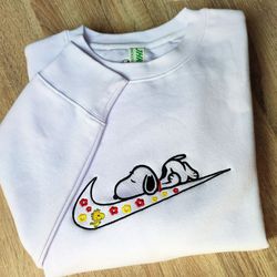 lazy snoopy nike logo embroidered sweatshirt, peanuts movie embroidered t-shirt