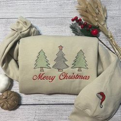 merry christmas - christmas tree santa hat embroidered sweatshirt