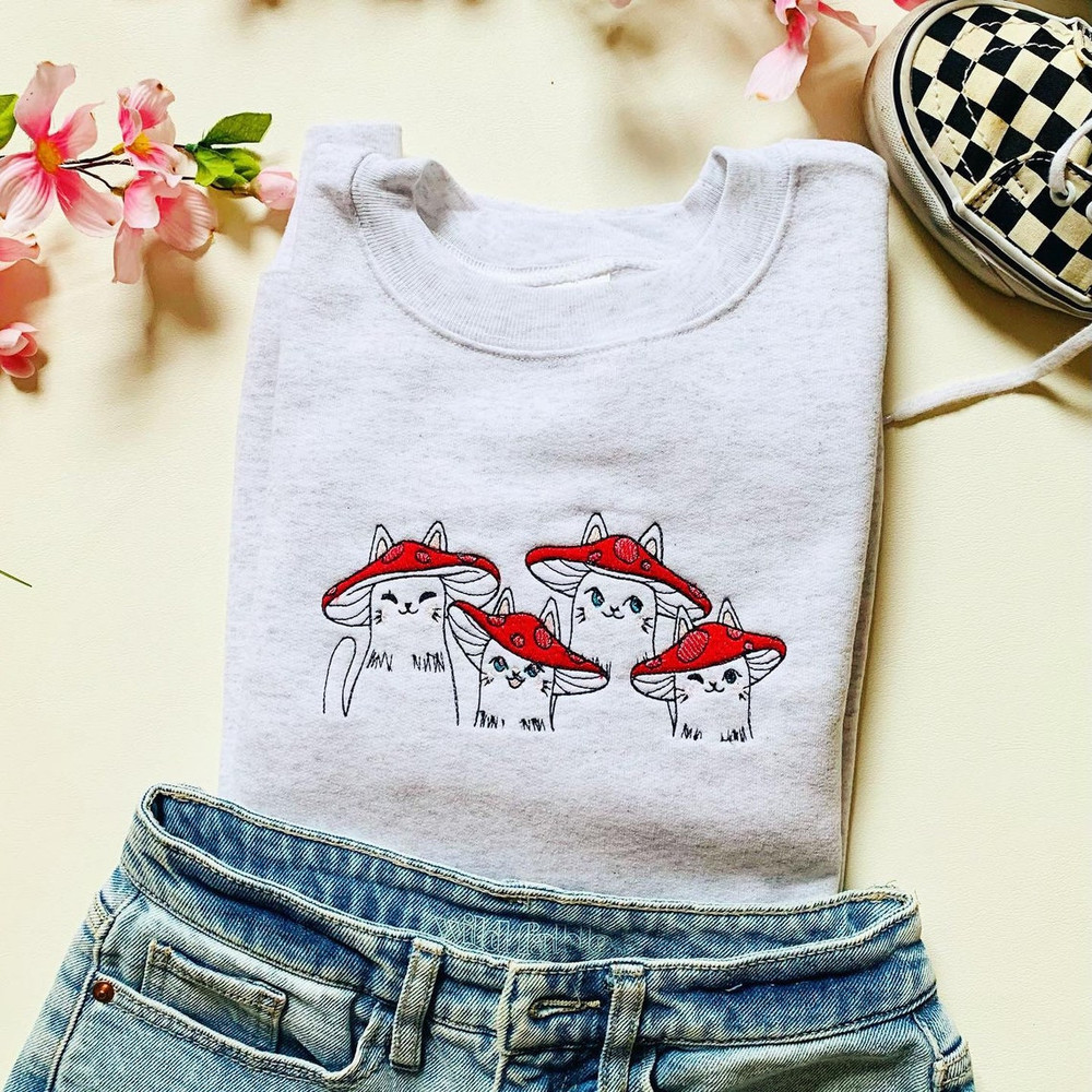 Mushroom Cats Embroidered Sweatshirt, Mushroom Lover Embroidered T-shirt, Cat Lovers Embroidery Polo Shirt.jpg