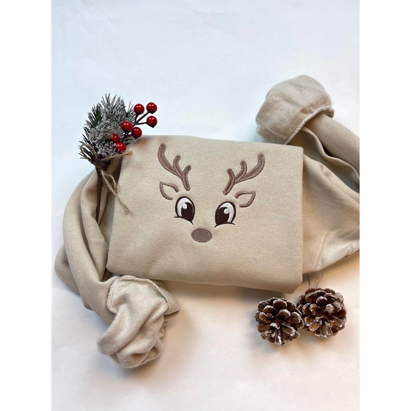 Reindeer Cute Face Embroidered Sweatshirt Inspired Crewneck Sweatshirt Christmas Xmas.jpg