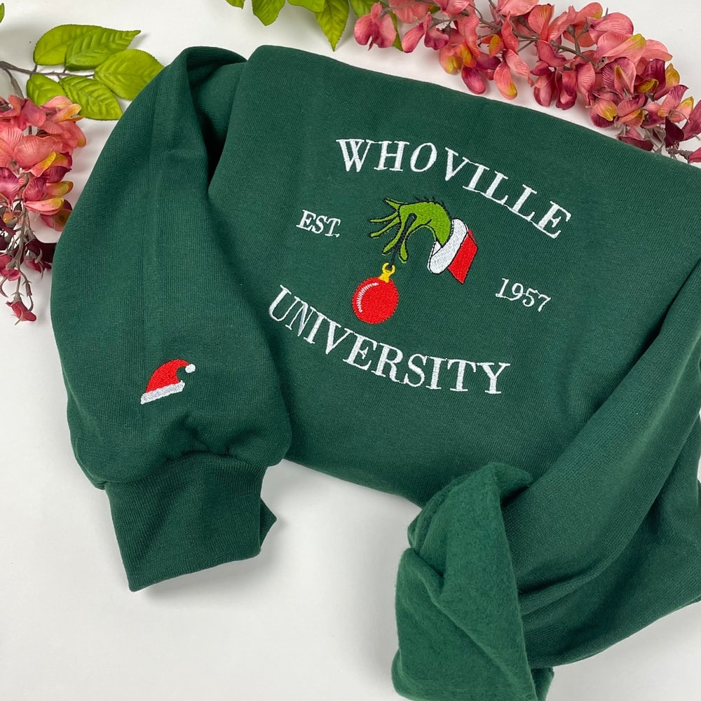 Whoville University Grinch Hand Santa Hat Embroidered Sweatshirt Christmas Xmas.jpg