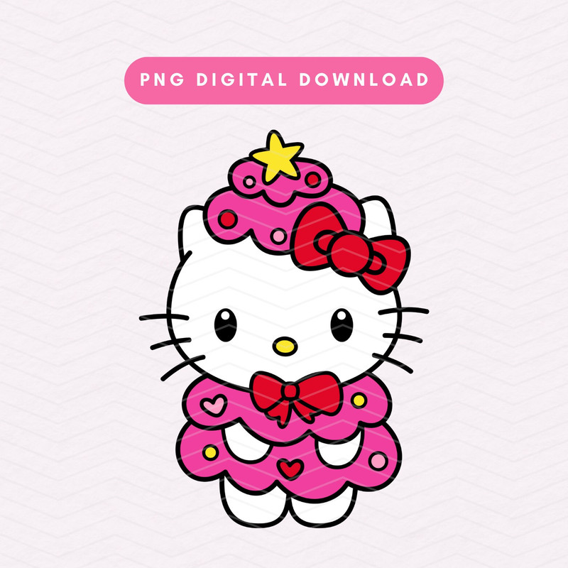 Pink Christmas Tree Kawaii Kitty PNG, Kawaii Kitty Sublimation Graphic, Cute Christmas Tree PNG, Christmas Digital Download.jpg