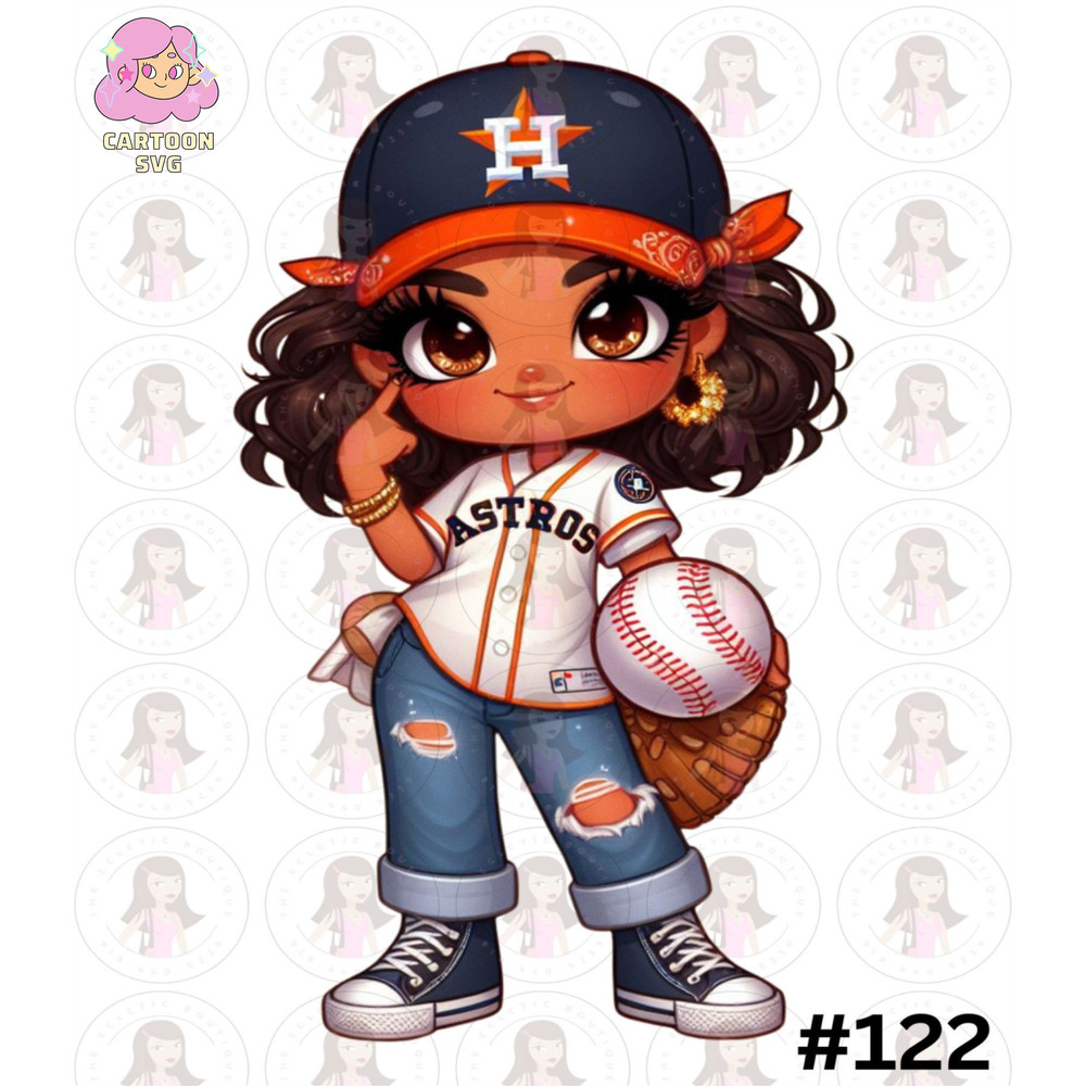 Cartoon Girl Baseball Fan Astros With Cap Brown Hair Brown Eyes PNG Sublimation Digital Design Download DTF Print.jpg