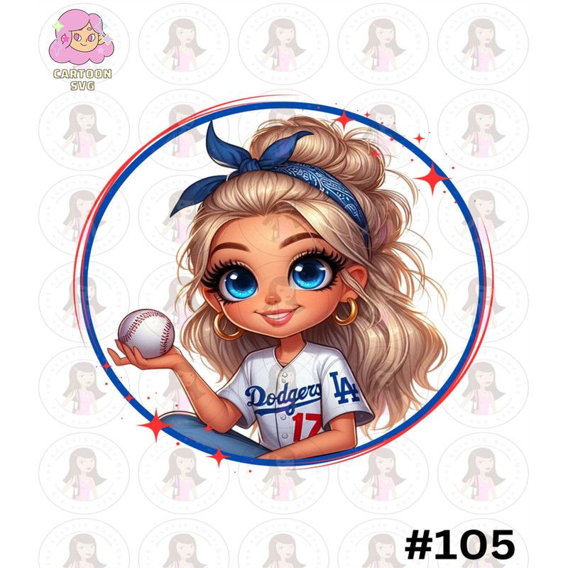Cartoon Girl Baseball Fan Dodgers Blonde Hair Blue Eyes Messy Bun PNG Sublimation Digital Design Download DTF Print.jpg